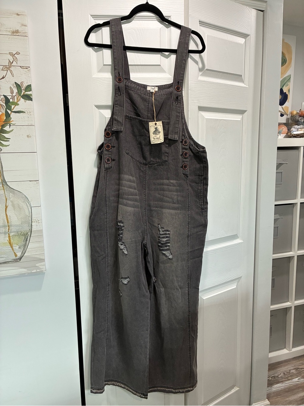 easel Charcoal Distressed Denim Overalls